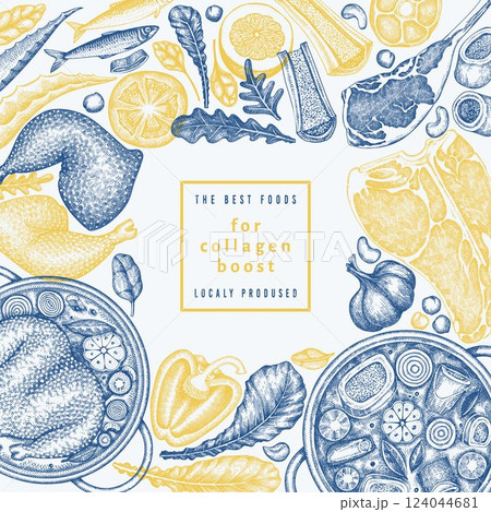 Collagen Diet Design Template. Vector Hand Drawn Healthy Food Banner. Vintage Style Collagen Bust  Menu Illustration. 124044681