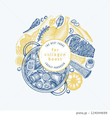 Collagen Diet Design Template. Vector Hand Drawn Healthy Food Banner. Vintage Style Collagen Bust  Menu Illustration. 124044699