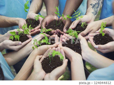 Group of volunteer with sprout for growing, ecology concept, copy space Group of volunteer with sprout for growing, ecology concept, copy space 124044812