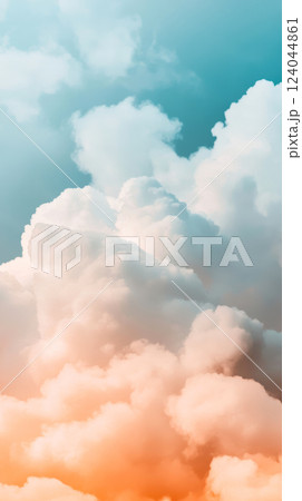 Fluffy white clouds with vibrant colors in a clear blue sky for a serene and dreamy landscape atmosphere, AI Generative 124044861