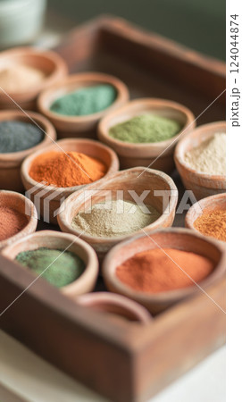 Assorted natural pigments in clay bowls displayed on a wooden tray for artistic crafting and creative design, AI Generative 124044874