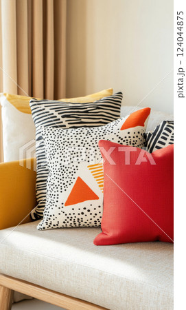 Elegant sofa with brightly patterned cushions in modern home setting, AI Generative Elegant sofa with brightly patterned cushions in modern home setting, AI Generative 124044875