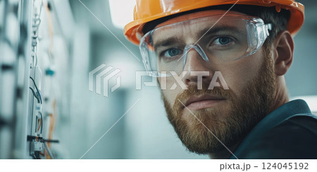 Young caucasian man in safety gear inspecting electrical equipment, AI Generative 124045192