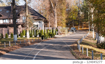 A tranquil suburban road, beautifully lined with lush trees and charming houses, showcasing the lovely beauty of autumn A tranquil suburban road, beautifully lined with lush trees and charming houses, showcasing the lovely beauty of autumn 124045277