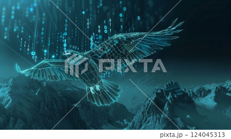 A digital eagle, formed of glowing lines and data, soars above snowy mountains. The eagle's wings are spread wide as it flies through a blue sky filled with falling binary code. 124045313