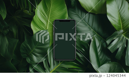 Mockup for business, phone on green background with plants, advertising 124045344