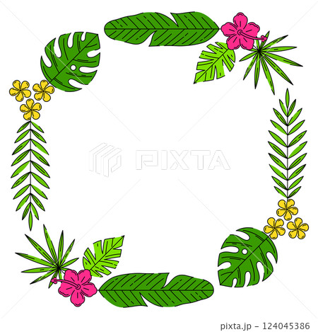 Frame with stylized palm leaves. Decorative image of tropical foliage and plants. Frame with stylized palm leaves. Decorative image of tropical foliage and plants. 124045386