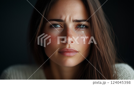 表情豊かな青い瞳からそっと涙がこぼれる女性 表情豊かな青い瞳からそっと涙がこぼれる女性 124045398