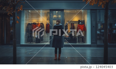 During a cool evening in the city, a woman stands on the sidewalk, admiring the fashionable clothing showcased in a store window. The illuminated display highlights various winter wear. 124045403