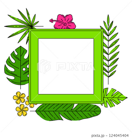 Frame with stylized palm leaves. Decorative image of tropical foliage and plants. 124045404
