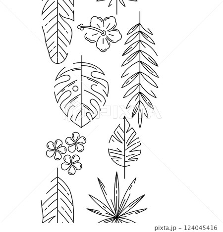 Pattern with stylized palm leaves. Decorative image of tropical foliage and plants. Pattern with stylized palm leaves. Decorative image of tropical foliage and plants. 124045416