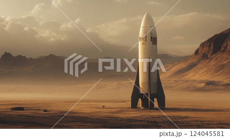 A sleek rocket rests on a barren desert terrain, bathed in warm twilight hues. Mountains loom in the distance under an expansive sky filled with soft clouds, creating a sense of anticipation. 124045581