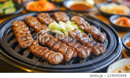 Grilled meat served on a barbecue grill at a restaurant during a busy dinner time with colorful sides 124045646