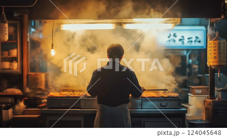 Vendor cooks delicious skewered food in a busy market at night 124045648