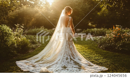 A bride wearing a stunning lace gown with a long veil walks gracefully through a vibrant garden at sunset, surrounded by blooming flowers and green foliage. 124045656