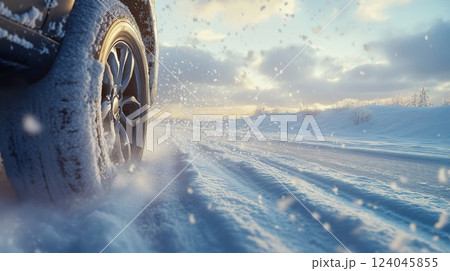 A car maneuvers along a snow-covered road, kicking up snowflakes as the sun sets, casting a warm glow on the tranquil winter landscape, showcasing the beauty of driving in snowy conditions. 124045855
