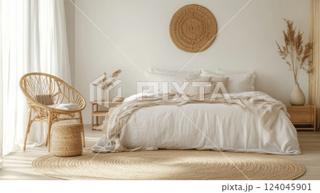 The image shows a modern bedroom with a large, white bed, a woven rug, and a wicker chair. The bed has a white duvet and a tan throw blanket 124045901
