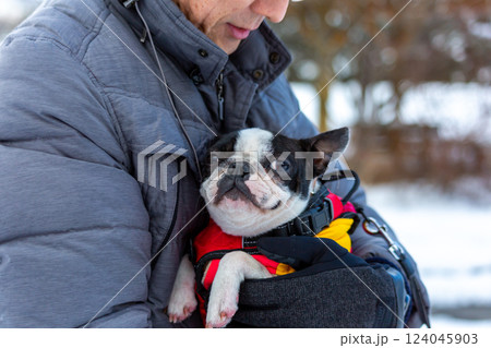 雪遊びをする愛犬と男性 124045903
