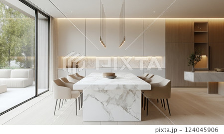 A sleek, modern kitchen showcases a large marble dining table surrounded by stylish chairs 124045906