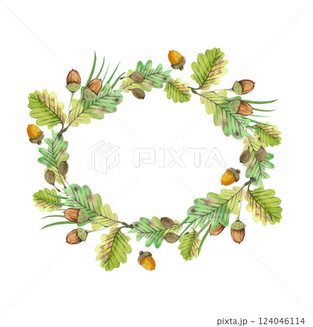 Oval wreath of oak leaves and ripe acorns of brown color, pine needles, all objects are hand painted with watercolors. Watercolor illustration. For printing on fabric, paper, for stationery design. 124046114