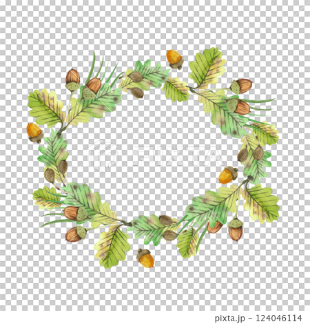 Oval wreath of oak leaves and ripe acorns of brown color, pine needles, all objects are hand painted with watercolors. Watercolor illustration. For printing on fabric, paper, for stationery design. 124046114
