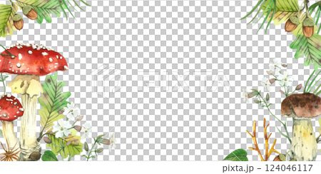 Rectangular frame with forest theme, red fly agaric, porcini mushroom, pine needles, oak leaves and white flowers. All objects are hand painted with watercolors. Suitable for printing, postcards. 124046117