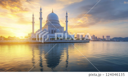 As the sun rises, a beautiful mosque stands tall with its domes and minarets, casting reflections on the tranquil waters. The backdrop of a city skyline enhances the serene atmosphere of the morning. 124046135