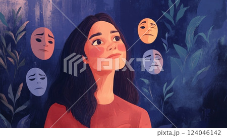 A woman with long dark hair looks up at four masks with sad expressions. The masks are white, blue, orange, and pink. She is wearing a red shirt and the background is a dark blue with green leaves. 124046142