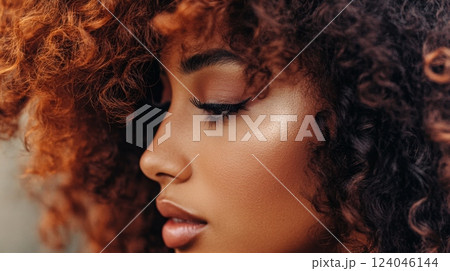 A young woman with vibrant curly hair poses gracefully, highlighting her glowing skin under warm sunlight in an outdoor setting 124046144