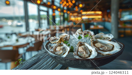 A platter of fresh oysters on ice sits on a table in a lively waterfront restaurant as warm lights glow in the background. 124046311