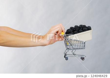 Hand holds blackberry fruits in shopping cart Hand holds blackberry fruits in shopping cart 124046429