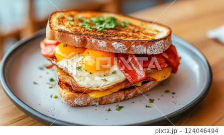 Delicious breakfast sandwich with eggs, bacon, and cheese on toasted bread served in a cozy cafe setting 124046494