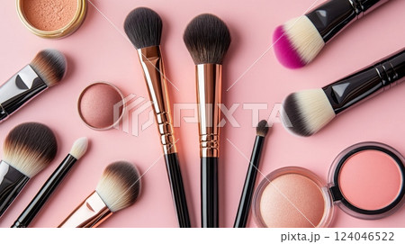 Various makeup brushes and cosmetic products are neatly arranged on a pink background, showcasing their colors and textures for enthusiasts and professionals. 124046522
