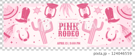 Pink Rodeo Party Horizontal Banner with Cowboy Hats, Boots, Cactus, Horseshoes, Lanterns, and Dynamite in a Playful Western Theme Pink Rodeo Party Horizontal Banner with Cowboy Hats, Boots, Cactus, Horseshoes, Lanterns, and Dynamite in a Playful Western Theme 124046559