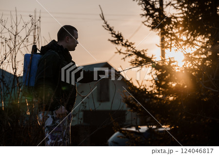 Silhouette of Man Spraying Pine Tree at Sunset in Residential Backyard 124046817