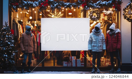 Two mannequins dressed in winter clothing stand outside a vibrant shop with holiday decorations and lights. Two mannequins dressed in winter clothing stand outside a vibrant shop with holiday decorations and lights. 124046844