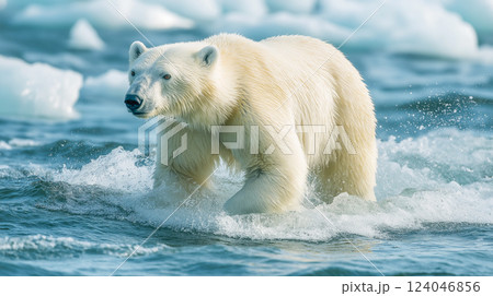 Polar bear walking through icy waters in the Arctic Polar bear walking through icy waters in the Arctic 124046856