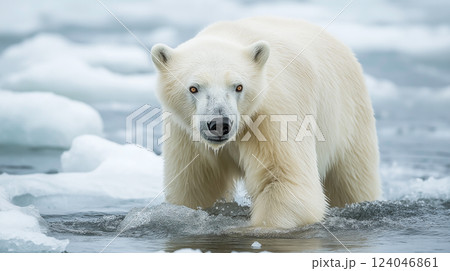 Polar bear navigating icy waters in the Arctic during a serene winter morning 124046861