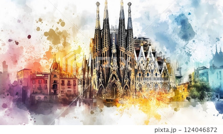 Watercolor Digital Art of Sagrada Familia, Barcelona, Spain - Iconic Gaudi Architecture Watercolor Digital Art of Sagrada Familia, Barcelona, Spain - Iconic Gaudi Architecture 124046872