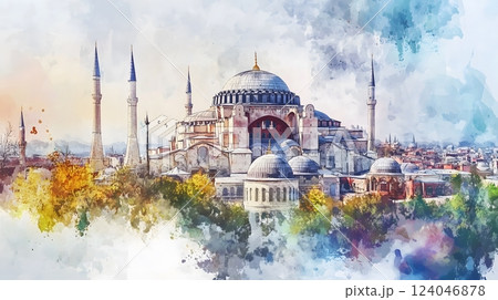 Watercolor Digital Art of Hagia Sophia with Minarets in Istanbul, Turkey Watercolor Digital Art of Hagia Sophia with Minarets in Istanbul, Turkey 124046878