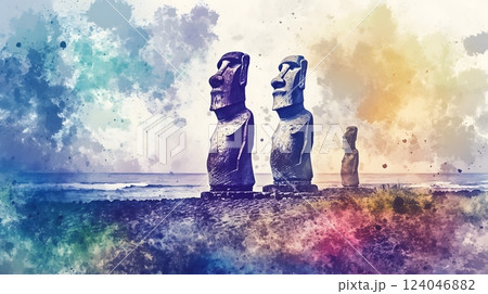 Watercolor Digital Art of Moai Statues at Sunrise on Easter Island, Chile 124046882