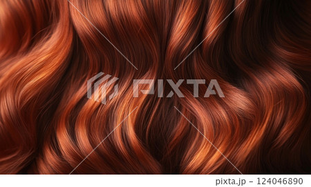 Luxurious waves of copper-colored hair cascade gracefully, shimmering under soft, natural light in an indoor setting. The texture presents a healthy appearance, emphasizing the rich tones and depth. 124046890