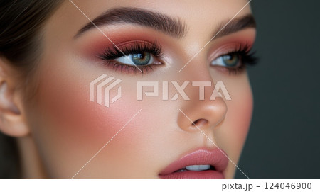 A young woman's face is highlighted, emphasizing her beautifully blended makeup. Soft peach and pink tones enhance her natural beauty, showcasing defined brows and captivating eyes. 124046900