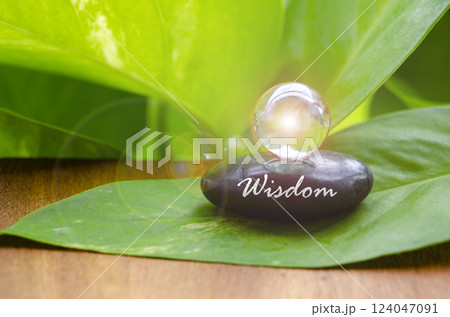 Black Zen stone with Wisdom text on the stone with green leaf and shining glass marble background 124047091