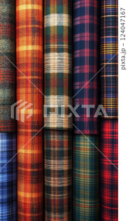 Rolls of colorful plaid fabric are stacked together, showcasing a variety of patterns and colors for Tartan Day. The image highlights the textures and rich hues of the different textiles 124047167