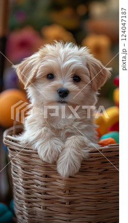 A fluffy, light-brown puppy sits in a wicker basket, surrounded by colorful blurred background. Happy National Puppy Day! 124047187