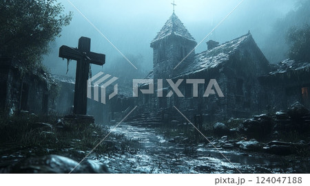 A weathered wooden cross stands beside a stone church in a rain-swept village, evoking a somber Good Friday atmosphere 124047188