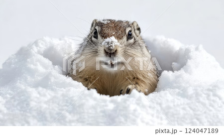 A cute rodent peeks out from a snowdrift, its face dusted with snow. A perfect Groundhog Day image 124047189