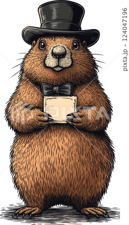 A groundhog wearing a top hat and bow tie holds a blank card, a whimsical depiction of Groundhog Day 124047196