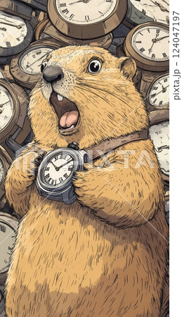 A furry rodent, possibly a groundhog, is surrounded by numerous clocks, appearing surprised or overwhelmed by time. The scene evokes the concept of Groundhog Day 124047197